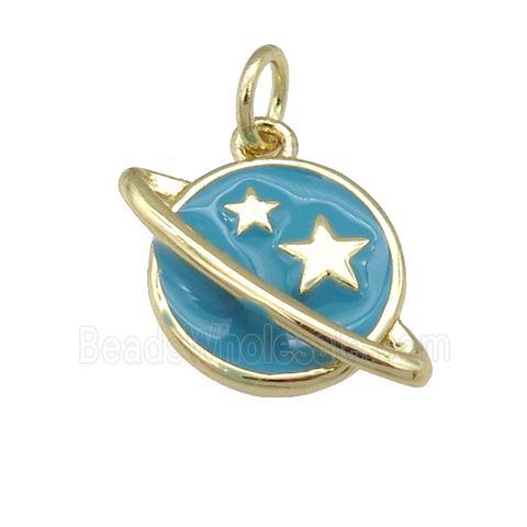 copper Planet pendant with teal enamel, star, gold palted