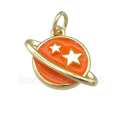 copper Planet pendant with orange enamel, star, gold palted