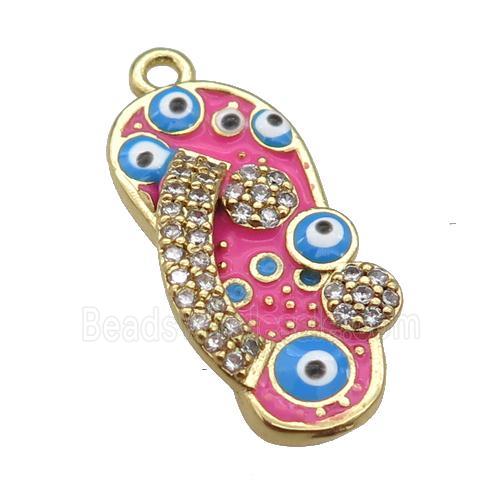 copper Shoe pendant paved zircon with hotpink enamel, evil eye, gold plated