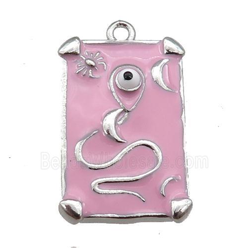 copper Tarot Card pendant with pink enamel, platinum plated