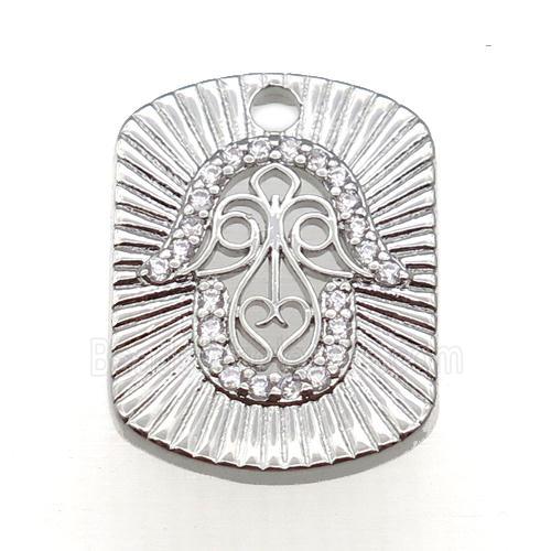 copper Hamsahand pendant paved zircon, platinum plated