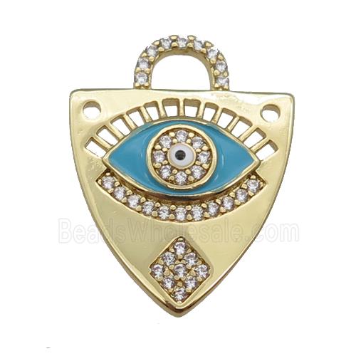 copper shield pendant paved zircon with lt.blue enamel Eye, gold plated