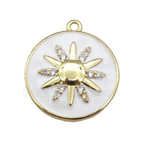 copper circle pendant paved zircon with white enamel sunflower, gold plated