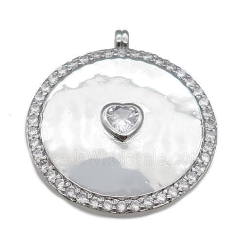 copper circle pendant paved zircon with heart, platinum plated