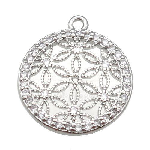 copper circle pendant paved zircon, flower of life, platinum plated