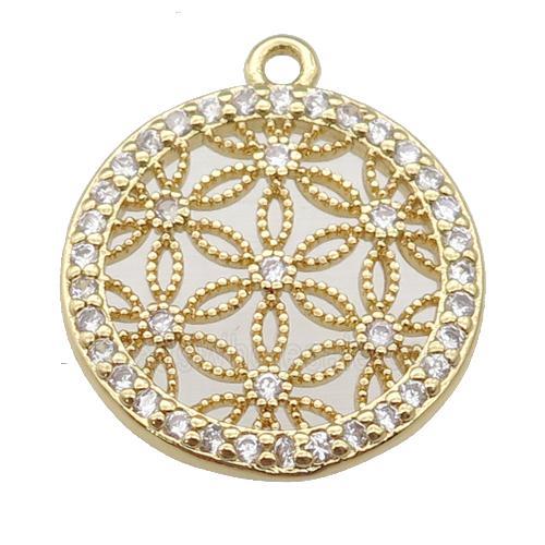copper circle pendant paved zircon, flower of life, gold plated