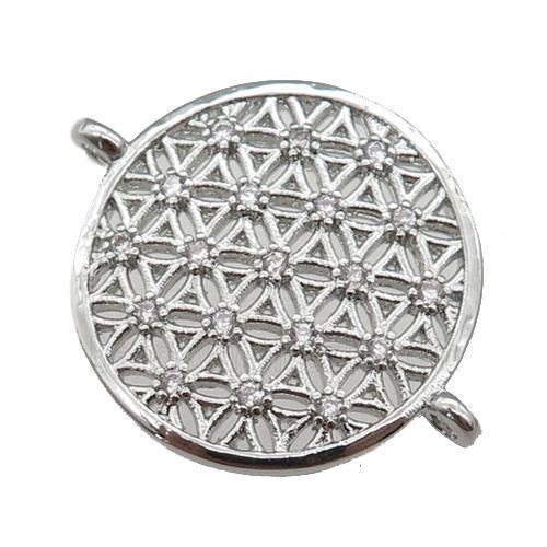 copper circle connector paved zircon, flower of life, platinum plated