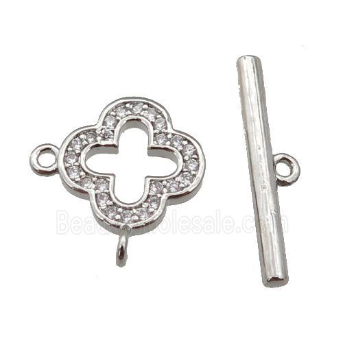 copper Toggle Clasp paved zircon, clover, platinum plated