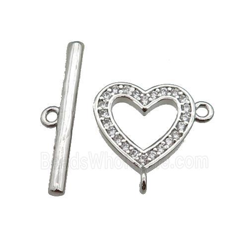 copper Toggle Clasp paved zircon, heart, platinum plated