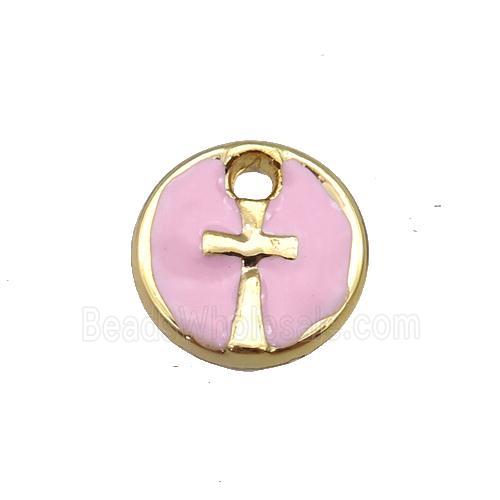 copper cross pendant with pink enamel, circle, gold plated
