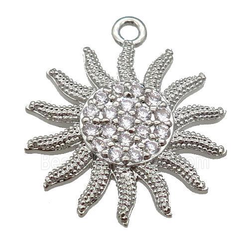 copper sunflower pendant paved zircon, platinum plated