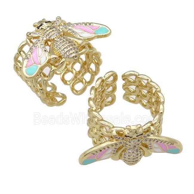 copper Ring paved zircon with enamel honeybee, gold plated