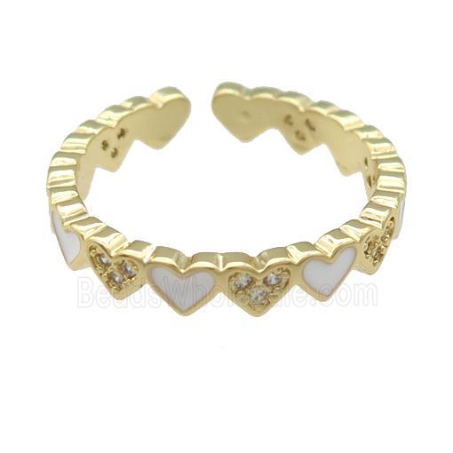 copper Ring paved zircon with white enamel heart, gold plated