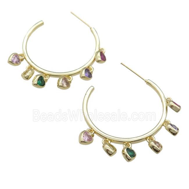 copper Stud Earring pave zircon, heart, gold plated