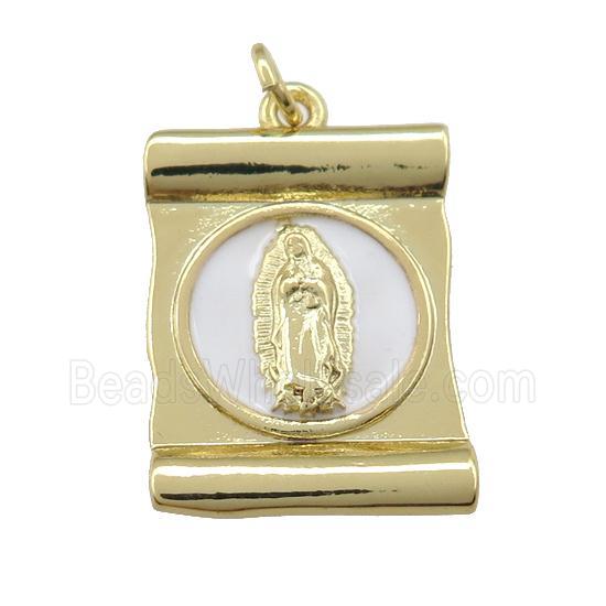 copper Virgin Mary pendant with white enamel, gold plated