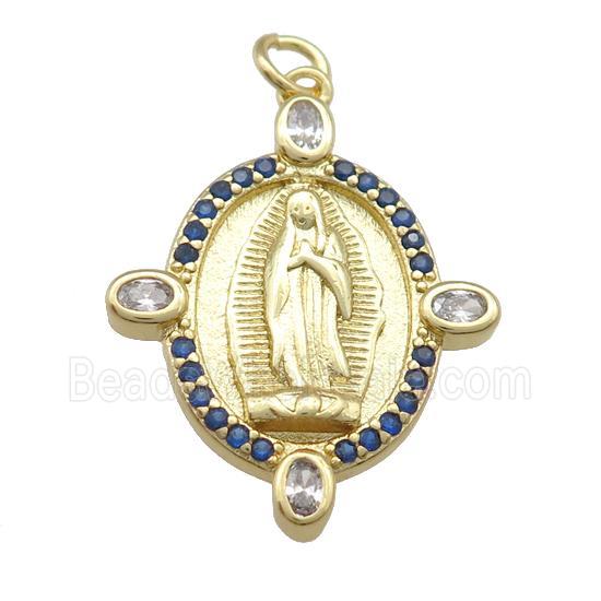 copper Virgin Mary pendant paved blue zircon, gold plated