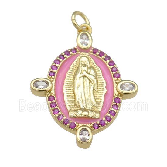 copper Virgin Mary pendant paved hotpink zircon with pink enamel, gold plated