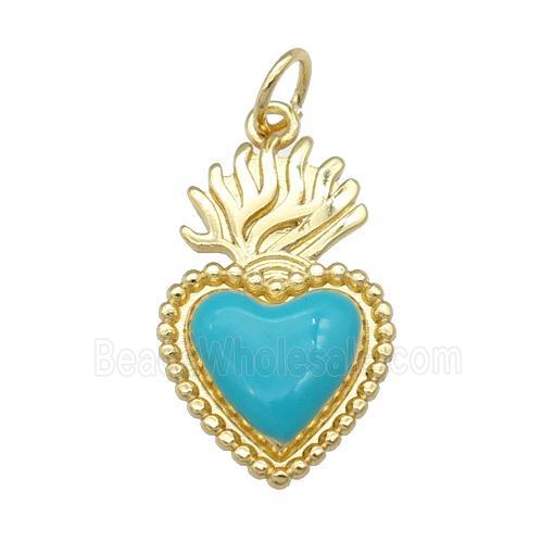 copper Milagro Heart pendant with teal enamel, gold plated