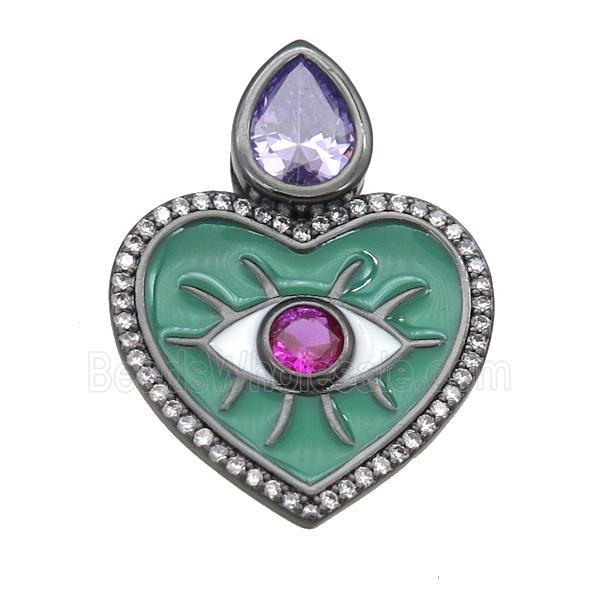 copper Heart pendant paved zircon with green enamel, black plated