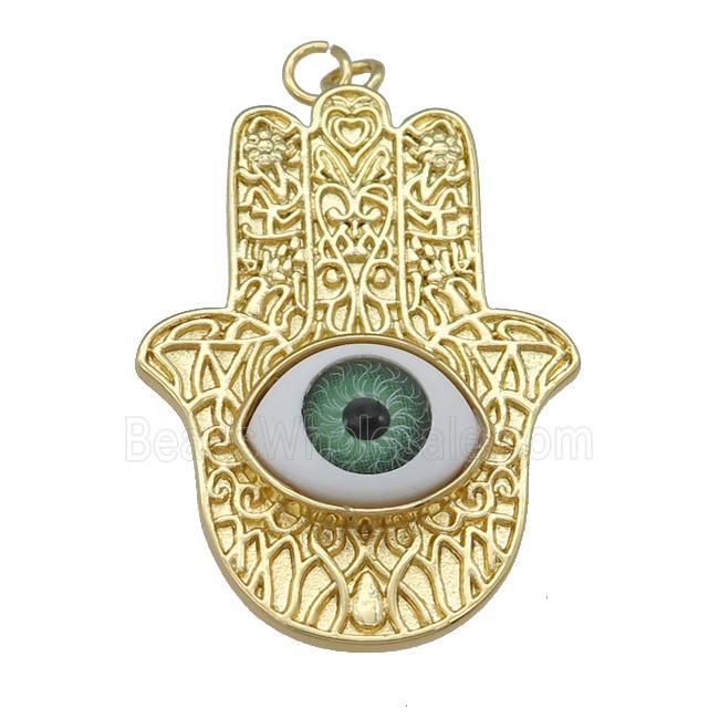 copper hamsahand pendant with green Evil Eye, gold plated