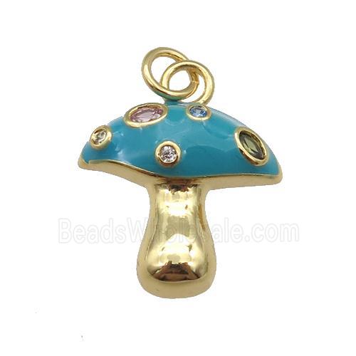 copper mushroom pendant paved zircon with teal enamel, gold plated
