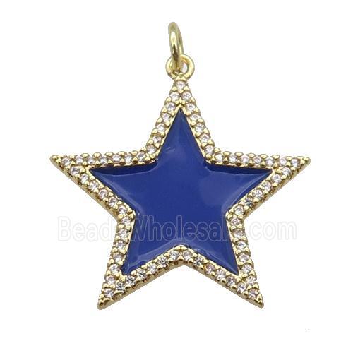 copper Star pendant paved zircon with blue enamel, gold plated