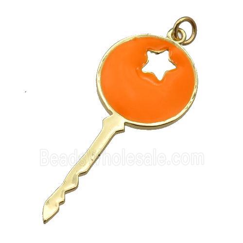 copper Key pendant with orange enamel, gold plated