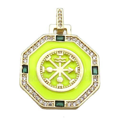 copper Octagon pendant paved zircon with yellow enamel, astrology, gold plated