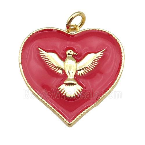 copper Heart pendant with red enamel, hawk, gold plated