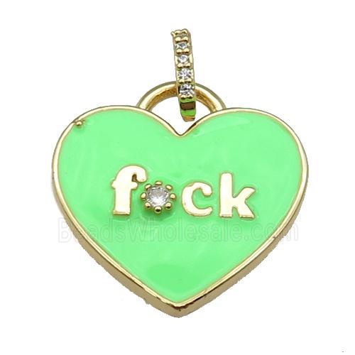 copper heart pendant paved zircon with green enamel, gold plated