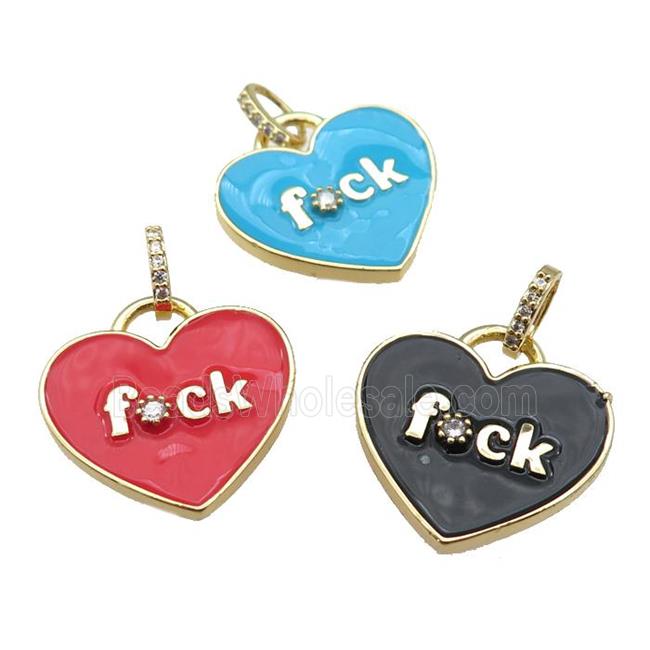 copper heart pendant paved zircon with enamel, gold plated, mixed