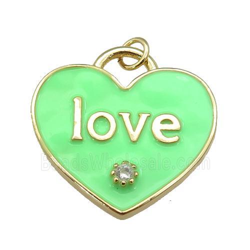 copper Heart pendant paved zircon with green enamel, LOVE, gold plated