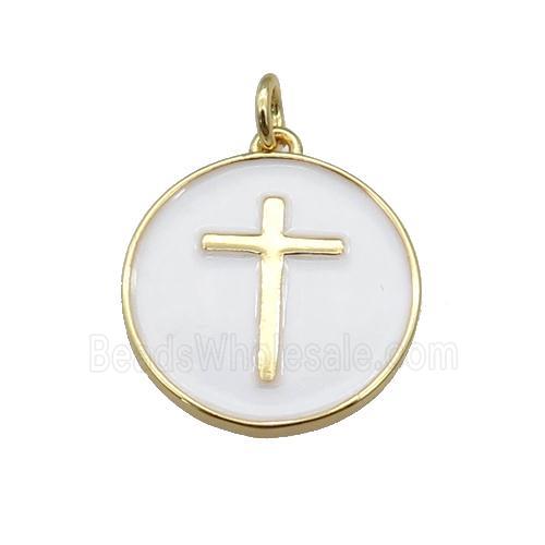 copper Circle pendant with white enamel, cross, gold plated