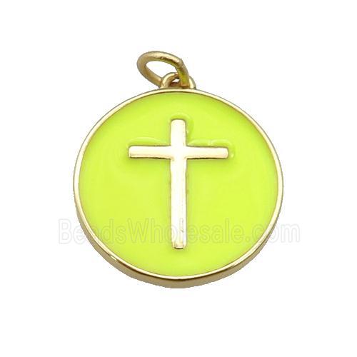 copper Circle pendant with yellow enamel, cross, gold plated