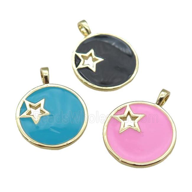 copper Circle pendant with enamel, star, gold plated, mixed