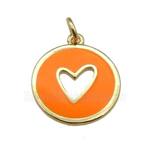 copper Circle pendant with orange enamel, heart, gold plated