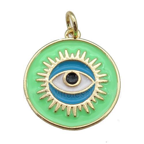 copper Circle pendant with green enamel, evil eye, gold plated