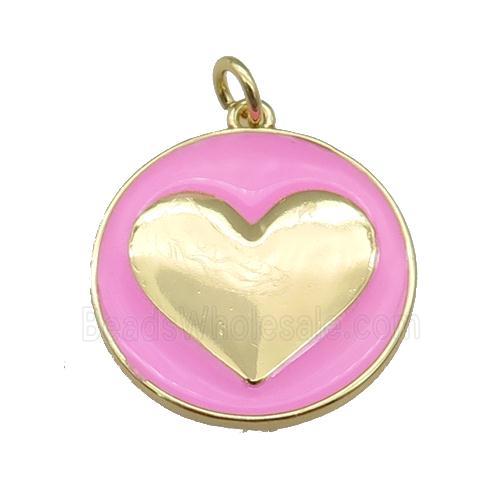 copper Circle pendant with pink enamel, heart, gold plated