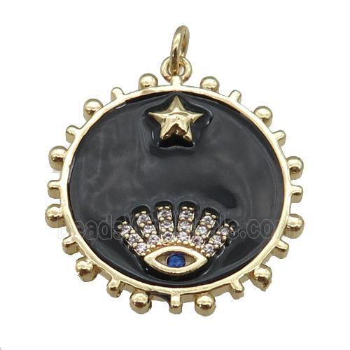 copper circle pendant with black enamel, eye, gold plated