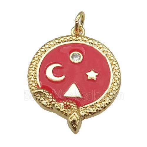 Copper Snake Penant Red Enamel Moon Star Gold Plated