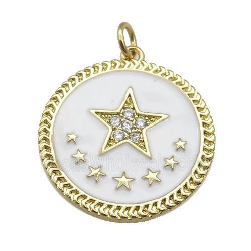 copper circle pendant with white enamel, star, gold plated