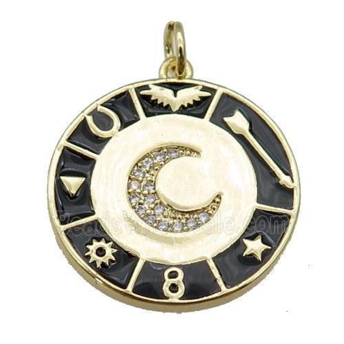 copper Circle Astrology pendant paved zircon with black enamel, moon, gold plated