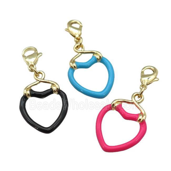 copper Lobster Clasp with enamel heart, gold plated, mixed
