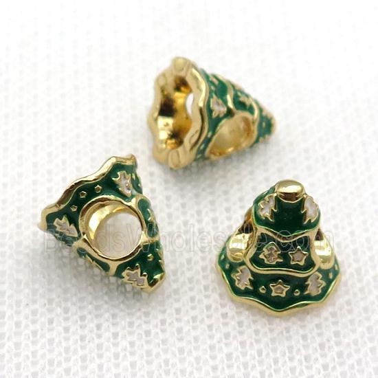copper Christmas Tree beads with green enamel, large hole, gold plated