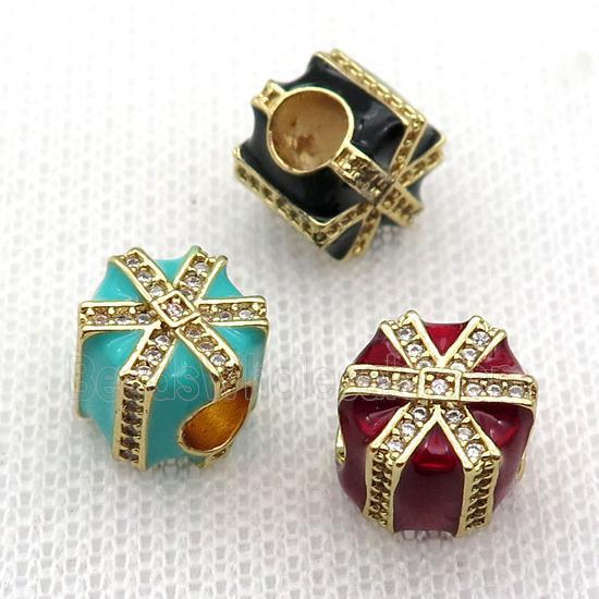copper Christmas Candy Gift Box beads with enamel, large hole, gold plated, mixed