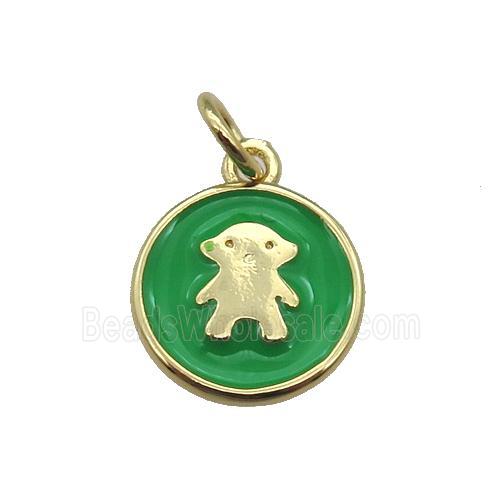 copper circle pendant with green enamel, gold plated