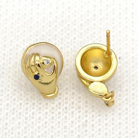 copper hand Stud Earring with white enamel, gold plated
