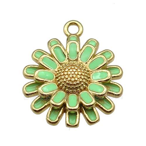 copper Sunflower pendant with green enamel, gold plated