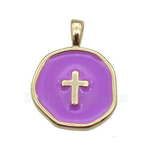 copper Circle pendant with purple enamel, cross, gold plated