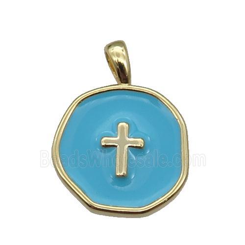 copper Circle pendant with teal enamel, cross, gold plated